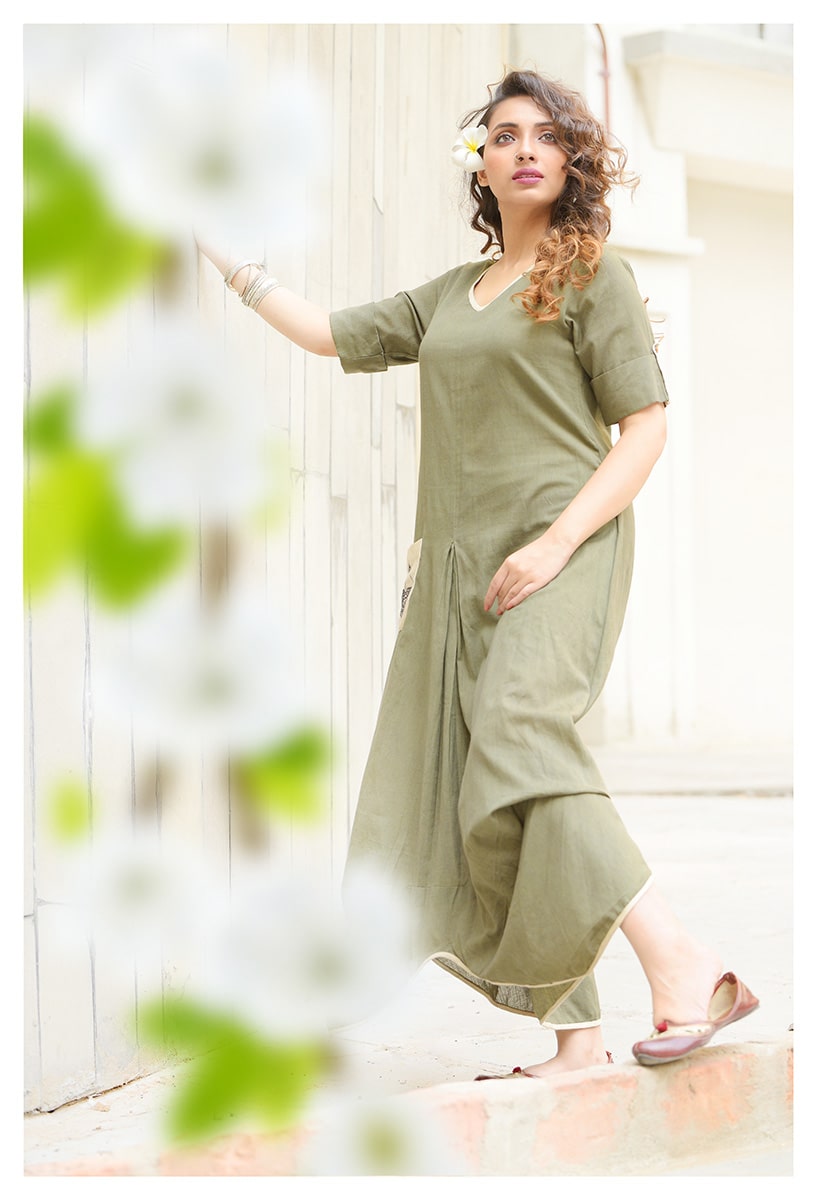 Olive Draped dress with a zodiac pocket