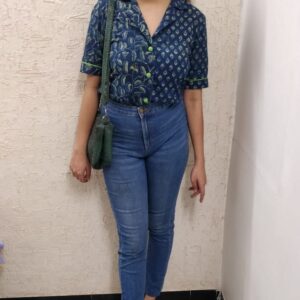 PERSIAN BLUE AJRAKH BLOCK PRINTED , NOTCH COLLAR SHIRT WITH CONTRAST GREEN DETAIL ON SLEEVES AND BUTTONS