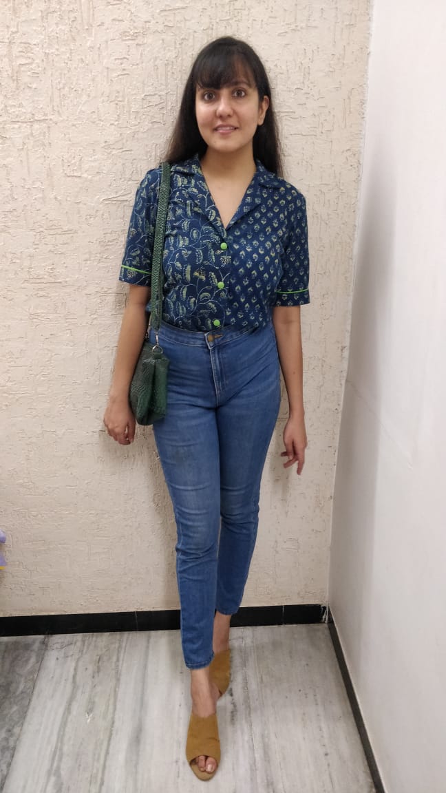 PERSIAN BLUE AJRAKH BLOCK PRINTED , NOTCH COLLAR SHIRT WITH CONTRAST GREEN DETAIL ON SLEEVES AND BUTTONS