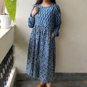 BUTTON DOWN HAND BLOCK PRINTED INDIGO DRESS WITH CUFFED SLEEVES