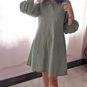 MANDARIN COLLAR , GREEN HANDLOOM , JACQUARD COTTON DRESS WITH LEAF MOTIFS