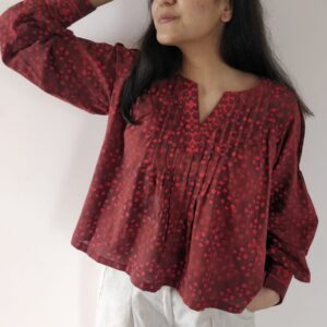 MAROON , EASY FIT , KASHISH HAND BLOCK PRINTED KURTA TOP WITH PIN TUCKS ON NECK AND CUFFED SLEEVES