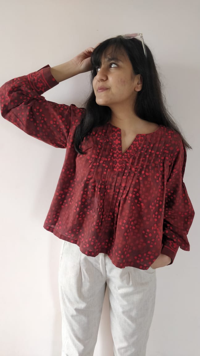 MAROON , EASY FIT , KASHISH HAND BLOCK PRINTED KURTA TOP WITH PIN TUCKS ON NECK AND CUFFED SLEEVES