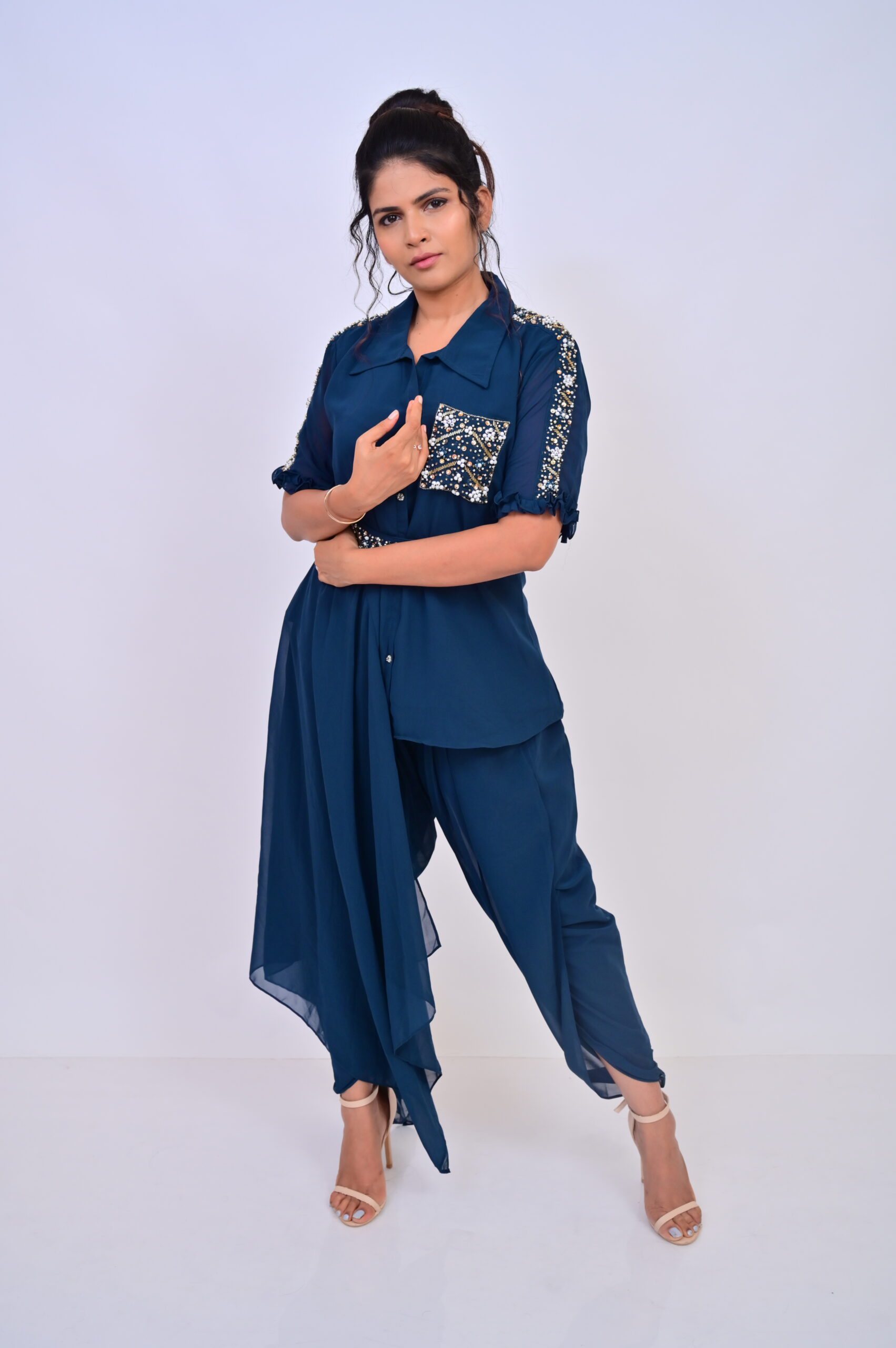 Asymmetric embroidered top with Dhoti - Image 2