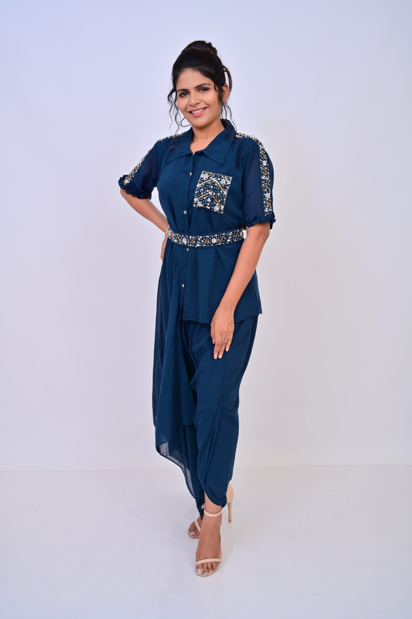 Asymmetric embroidered top with Dhoti - Image 4