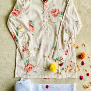 Pink Floral Kurta Pajama Set, Bottlegreen silk bandi